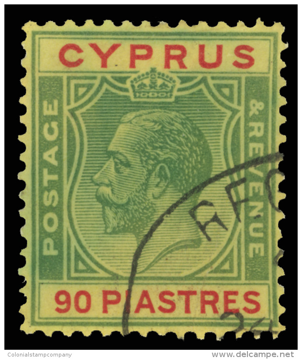 O        108 (117) 1924 90pi Green And Red On Yellow K George V^, Wmkd Script CA, As There Seems To Have Been Very... - Chypre (...-1960)