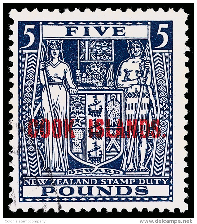 O        126C Var (136w) 1954 &pound;5 Indigo-blue Postal Fiscal Coat Of Arms Of New Zealand^ Overprinted "COOK... - Cook