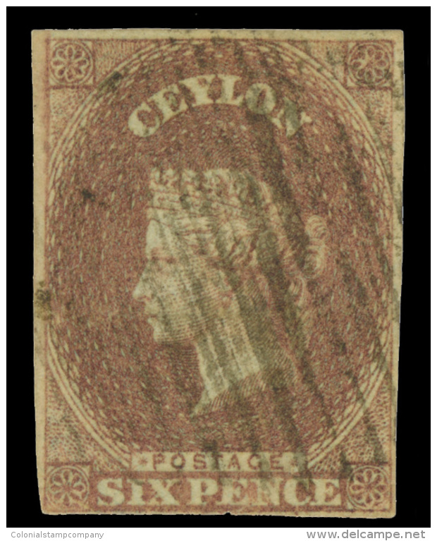 O        2 (1) 1857 6d Purple-brown Q Victoria On Blued Paper,^ Wmkd Large Star, Imperf, Four Margins, A Relatively... - Ceylan (...-1947)