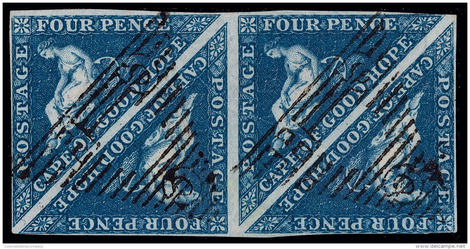 O/[+]    2a (2) 1853 4d Deep Blue Cape Triangle On Deeply Blued Paper^, Imperf Block Of Four With Three Even... - Cap De Bonne Espérance (1853-1904)