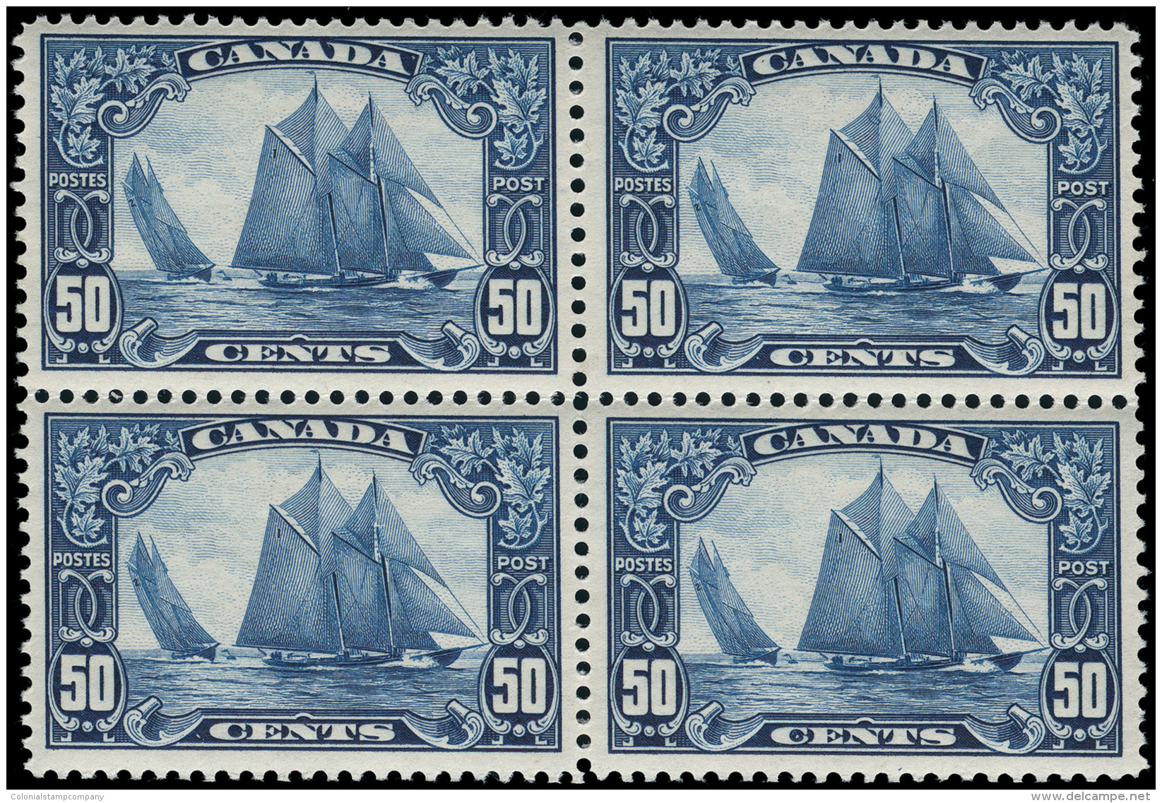 **/[+]   158 (284) 1929 50&cent; Blue Fishing Schooner Bluenose^, Perf 12, Block Of Four, Well Centered, OG,NH, VF... - Neufs