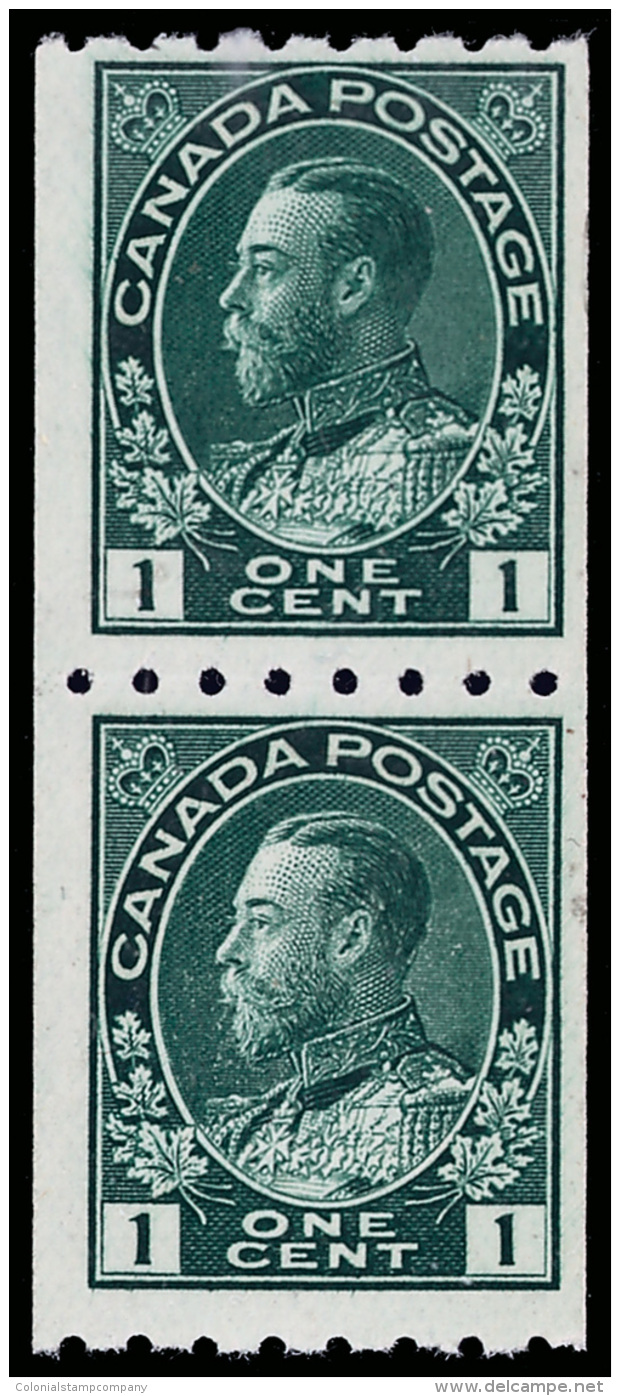 **       123 (224a) 1913 1&cent; Blue-green K George V Admiral^ Vertical Coil Pair, Perf 8 Horizontally X Imperf,... - Neufs