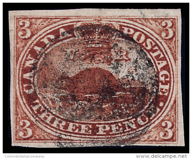 O        4 Var (6) (Canada Specialized 4i) 1852 3d Deep Red Beaver^, Handmade Wove Paper, Imperf, Four Margins,... - Oblitérés