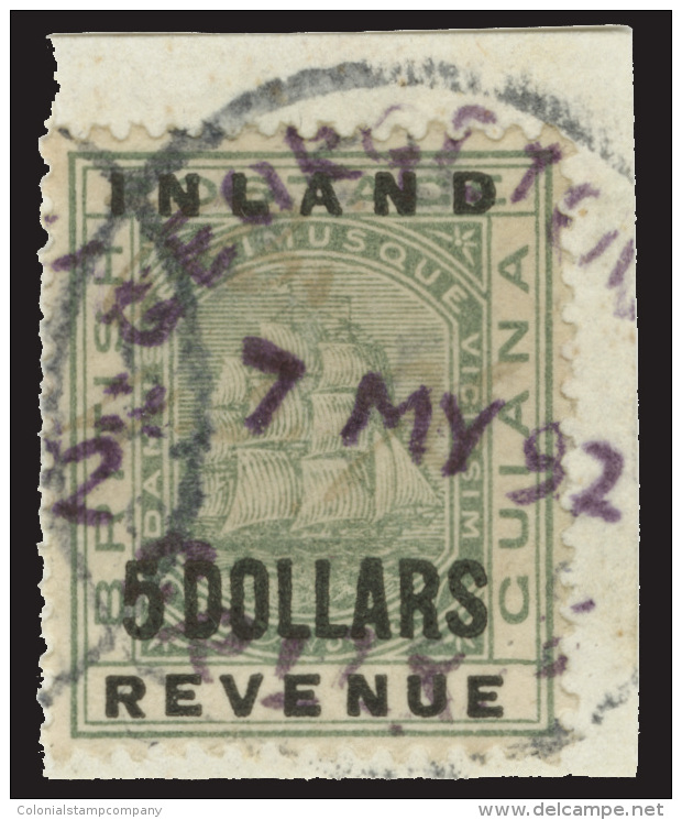 /\       128 (189) 1888 $5 Green Seal Of The Colony^ Overprinted "INLAND REVENUE" And Surcharged, Wmkd CA, Perf 14,... - Guyane Britannique (...-1966)