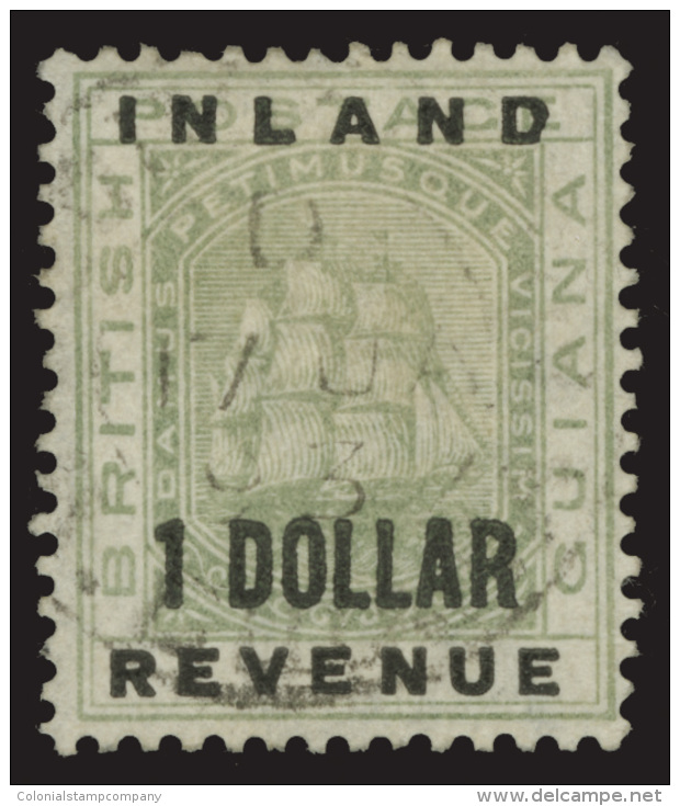 O        124 (185) 1888 $1 Green Seal Of The Colony^ Overprinted "INLAND REVENUE" And Surcharged, Wmkd CA, Perf 14,... - Guyane Britannique (...-1966)