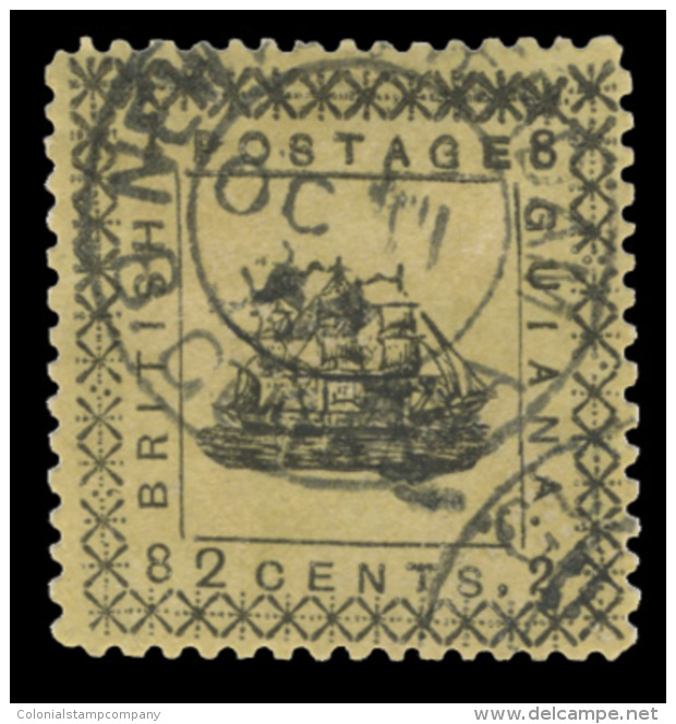 O        105a (165b) 1882 2&cent; Yellow Ship^ (3 Masts), VARIETY - With "SPECIMEN" Perfin, Perf 12, Well Centered,... - Guyane Britannique (...-1966)