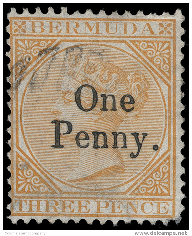 O        14 (16) 1875 1d On 3d Yellow-buff Q Victoria^ Provisional, SG Type 8 "One Penny." Surcharge (only 12,000... - Bermuda