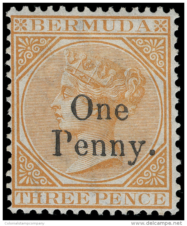 *        14 (16) 1875 1d On 3d Yellow-buff Q Victoria^ Provisional, SG Type 8 "One Penny." Surcharge (only 12,000... - Bermudes