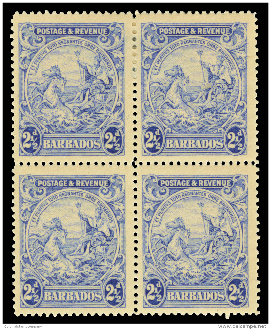 */[+]    170 Var (233 Var) 1925 2&frac12;d Blue Seal Of The Colony^ Wmkd Script CA, Perf 14, Block Of Four,... - Barbades (...-1966)