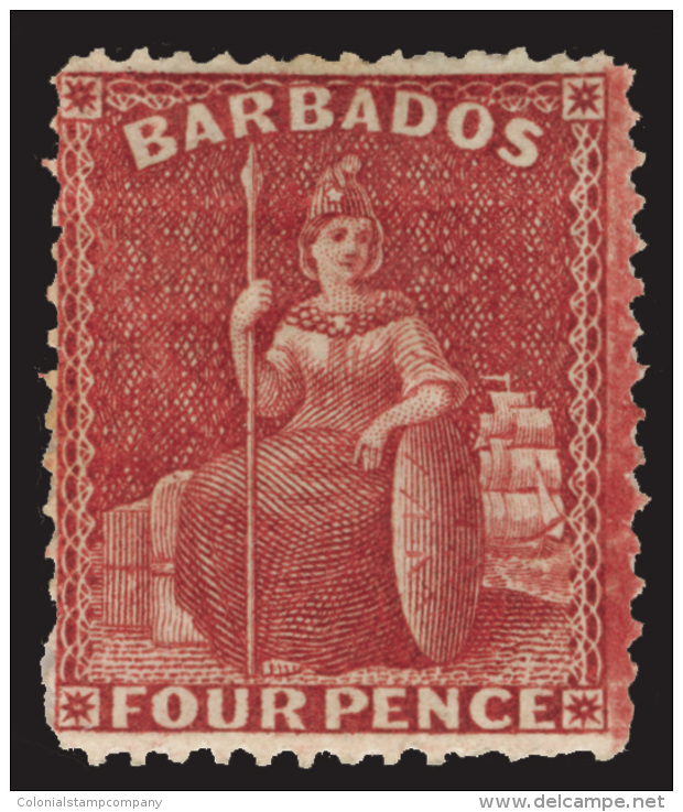 *        54 (78) 1875 4d Crimson-lake Britannia^, Wmkd CC, Perf 14, Rare And Seldom Offered, OG, LH, VF Scott... - Barbades (...-1966)