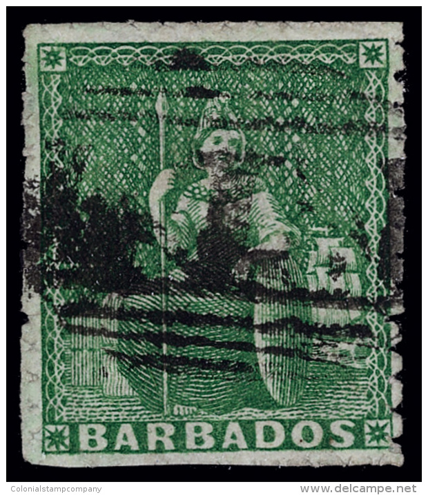 O        12 (16) 1860 (&frac12;d) Yellow-green Britannia^, Unwmkd, Pin-perf 12&frac12;, Numeral "1" Cancel,... - Barbades (...-1966)