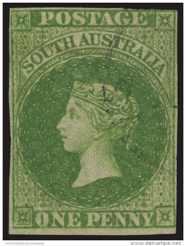 O        5a (6) 1858 1d Yellow-green Q Victoria^, Adelaide Ptg, Wmkd Large Star, Imperf, Four Margins (close At Top... - Oblitérés