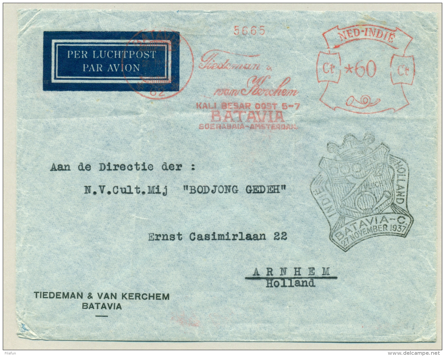 Nederlands Indië - 1937 - Frankeermachine / Meter 62 Tiedeman &amp; Van Kerchem Op LP-brief Naar Arnhem / Nederland - Nederlands-Indië