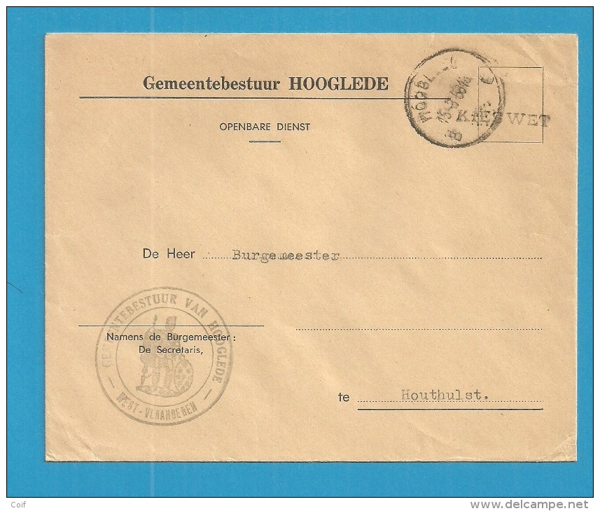 Brief "Gemeentebestuur" (Administration Communale), HOOGLEDE, Met Stempel KIESWET - Zonder Portkosten