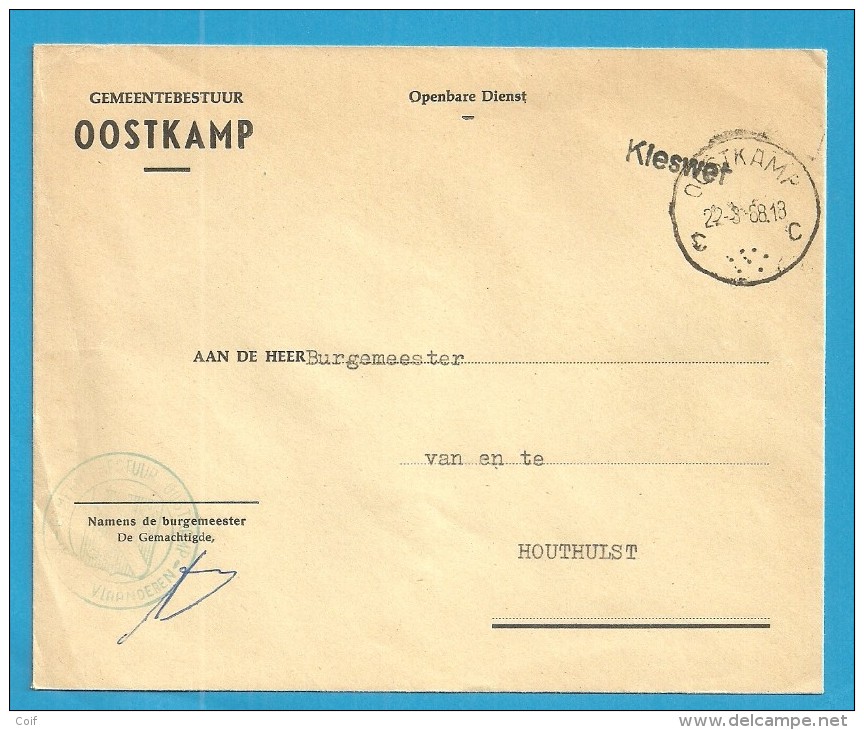 Brief "Gemeentebestuur" (Administration Communale), OOSTKAMP, Met Stempel KIESWET - Franchise