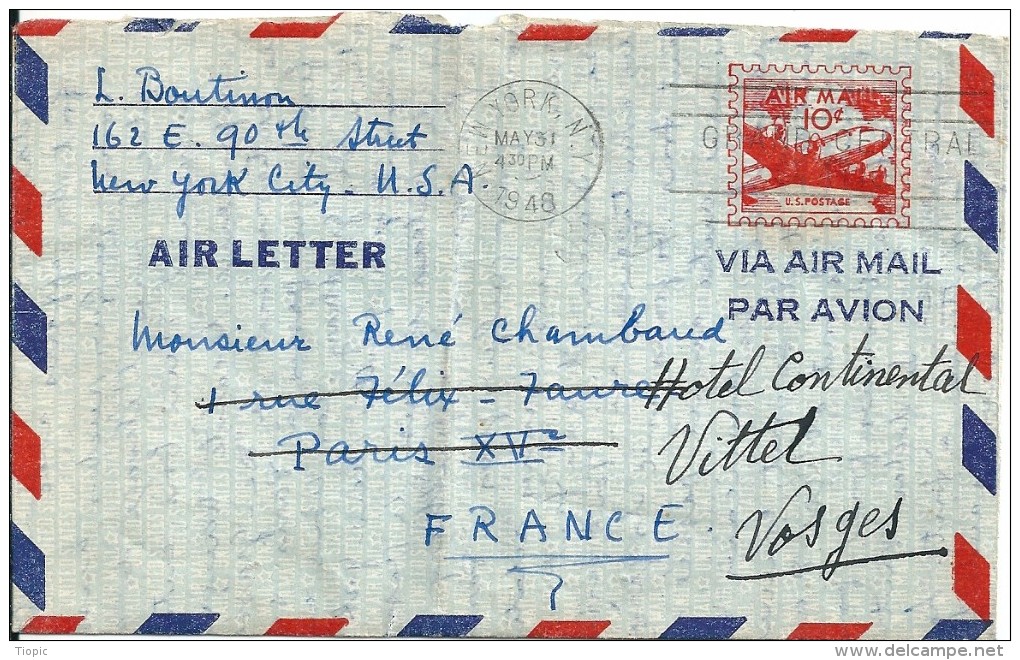 Lettre  Cachet Au Départ De  NEW YORK  à  Destination  De  VITTEL  ( 88 )  Par Avion - Autres - Amérique