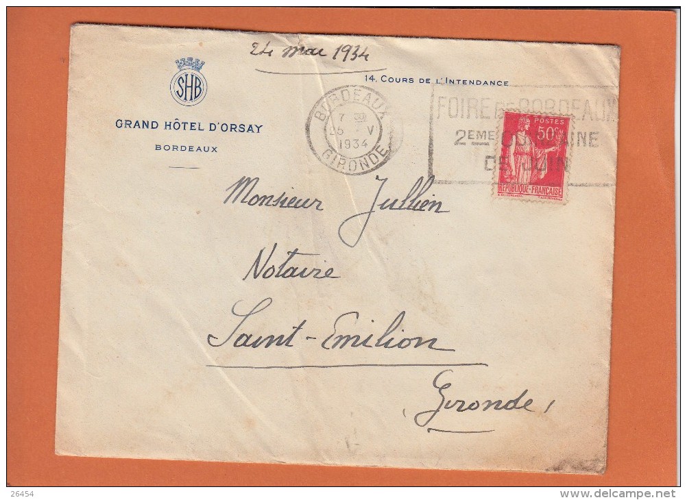 FLIER  Sur  Envel  + Lettre     De BORDEAUX Gironde  Le 24 Mai 1934  " GRAND HOTEL D ORSAY " - Annullamenti Meccaniche (Varie)