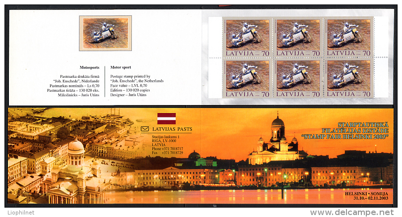 LETTONIE LATVIA 2003, HELSINKI, MOTO SPORT MOTOR SPORT, Carnet De 6 Valeurs,  Neuf / Mint. R1037 - Motorräder