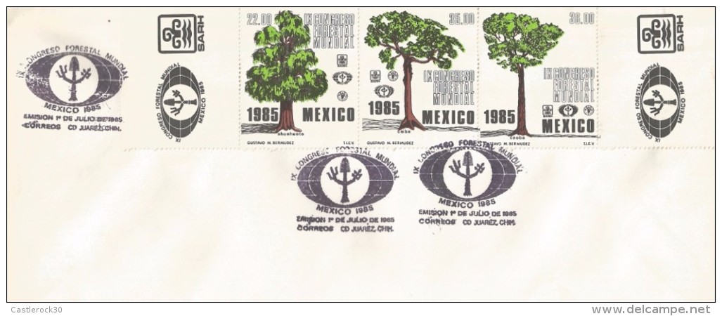 B)1985 MEXICO,TREE, FOREST,  GREEN CAOBA CEIBA TREES,  IX WORLD FORESTRY CONGRESS,  STRIP OF 3,  FDC, UNUSED - Mexique