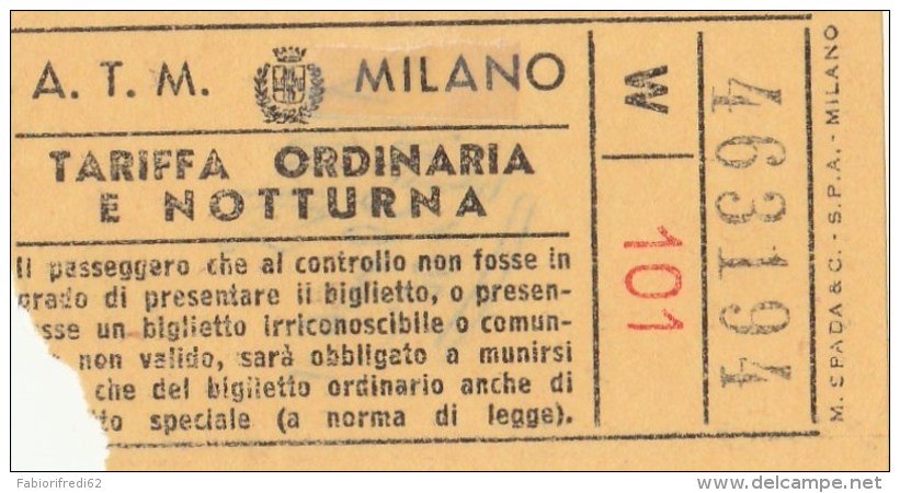 BIGLIETTO BUS USATO ATM MILANO TARIFFA ORDINARIA E NOTTURNA (ANNI 50?) - Europa