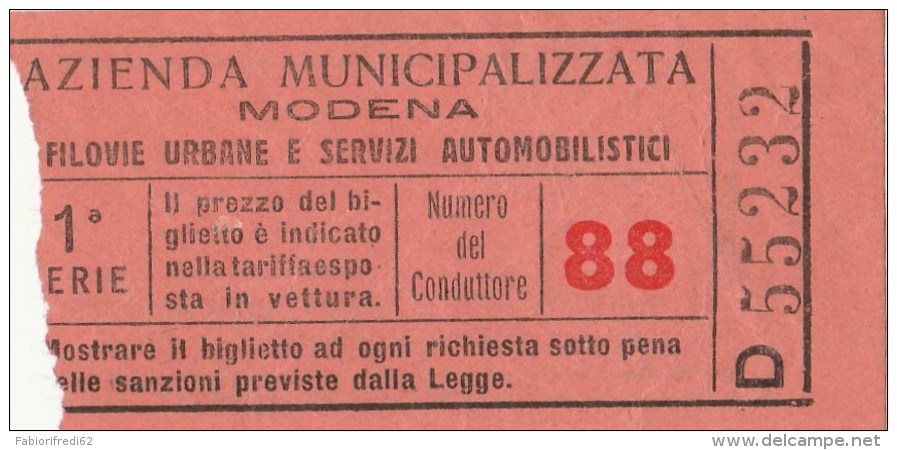 BIGLIETTO BUS USATO MODENA ANNI 60-70 - Europa