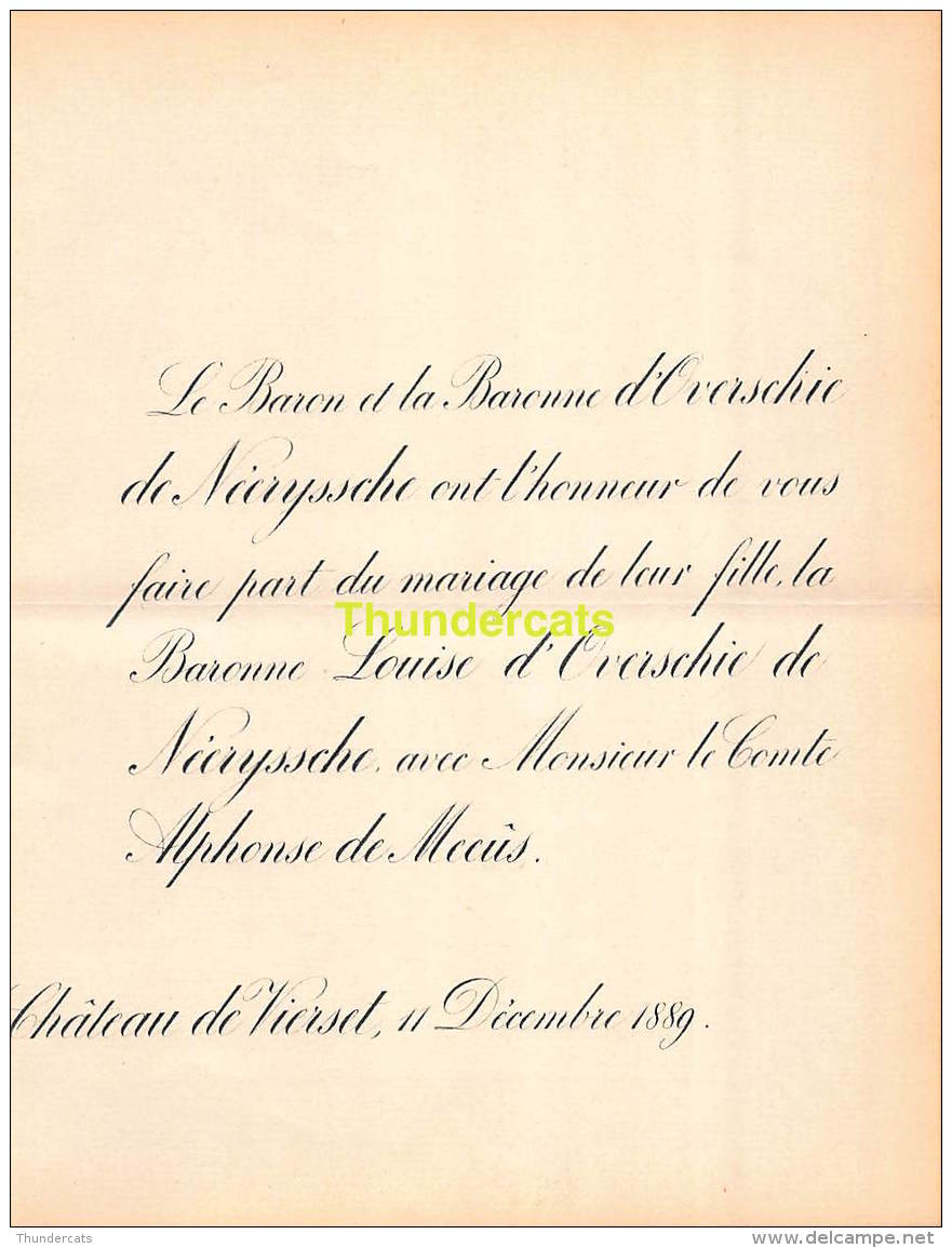 FAIRE PART MARIAGE BARON D'OVERSCHIE DE NEERYSSCHE LOUISE COMTE ALPHONSE DE MEEUS CHATEAU DE VIERSET - Mariage