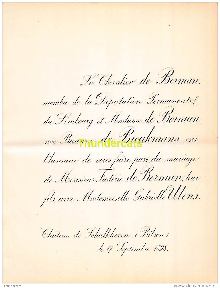 FAIRE PART MARIAGE CHEVALIER BORMAN BARONNE DE BROUCKMANS FREDERIC GABRIELLE ULENS BILSEN 1898 - Huwelijksaankondigingen