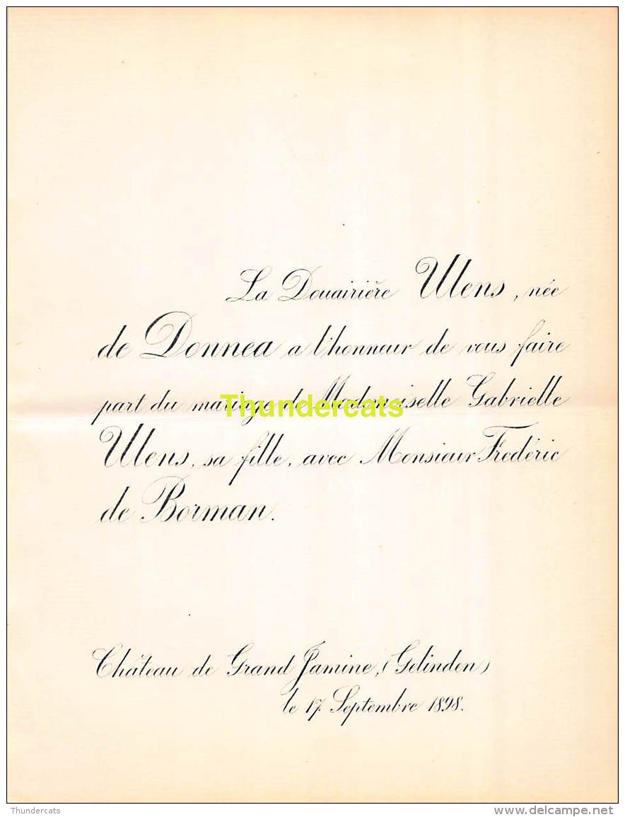 FAIRE PART MARIAGE DOUAIRIERE ULENS DE DONNEA GABRIELLE FREDERIC DE BORMAN GELINDEN 1898 - Huwelijksaankondigingen