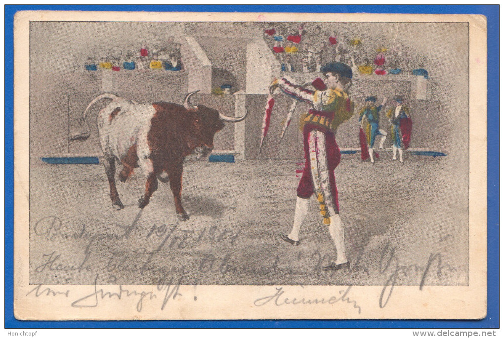 Tiere; Toros; Corrida; 1904 Stempel Hosszufalu, Sacele - Stierkampf