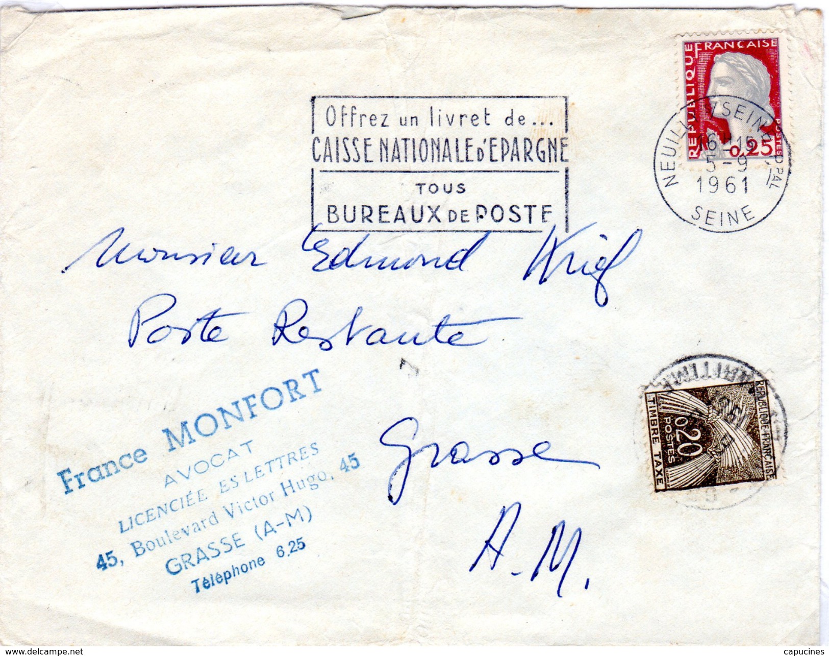 M. De Decaris  - 0,25 F - "POSTE RESTANTE" - (tarif Du 061/01/1959: 0,20 F) - 1960 Marianne De Decaris