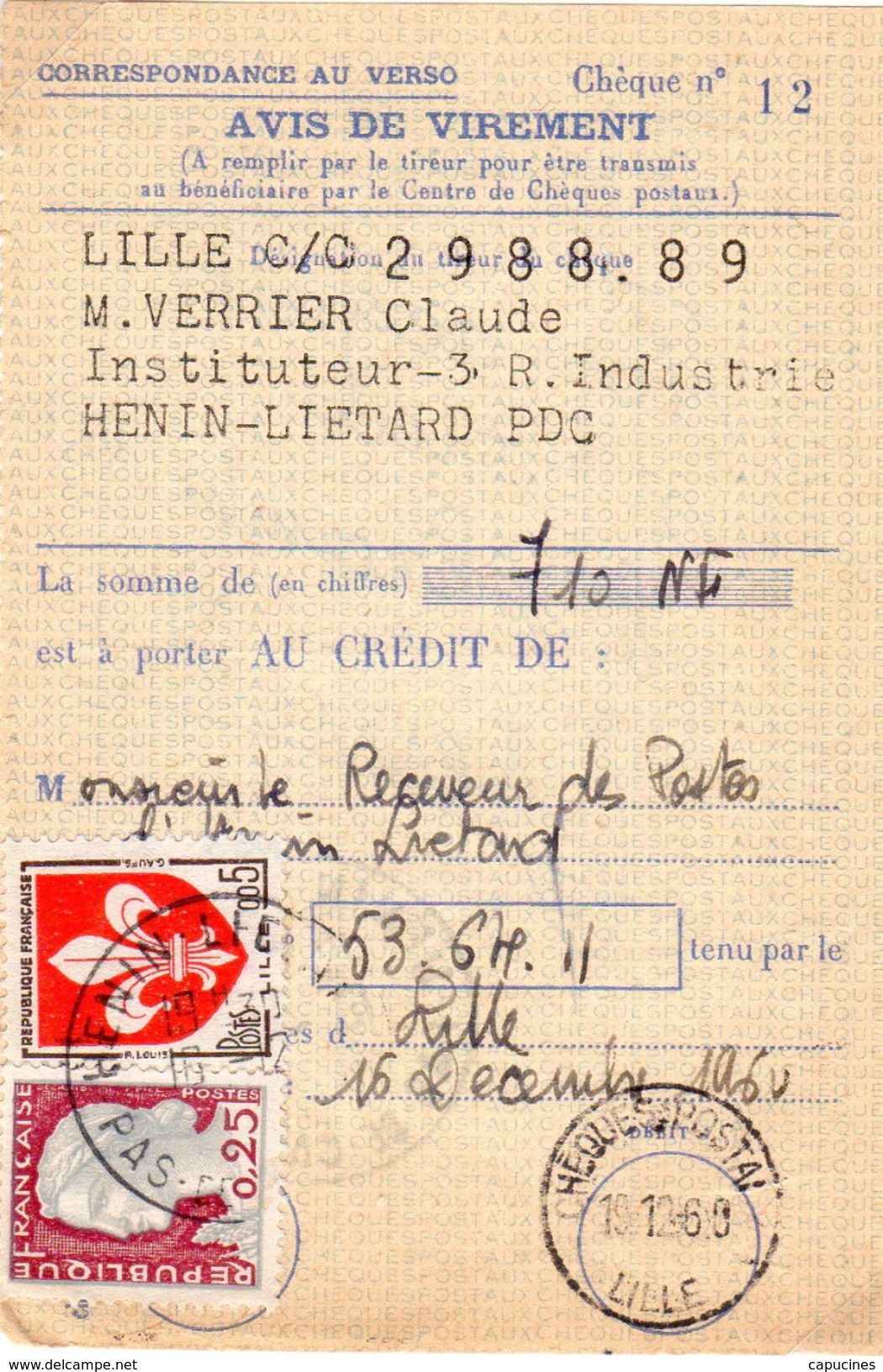 M. De Decaris  - 0,25 F - "OPERATIONS SUR CCP: Avis De Virement" - 1960 Marianne (Decaris)