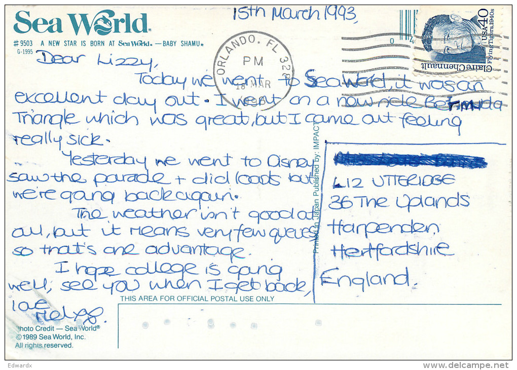 Baby Shamu The Killer Whale, SeaWorld, Florida, United States US Postcard Posted 1993 Stamp - Orlando