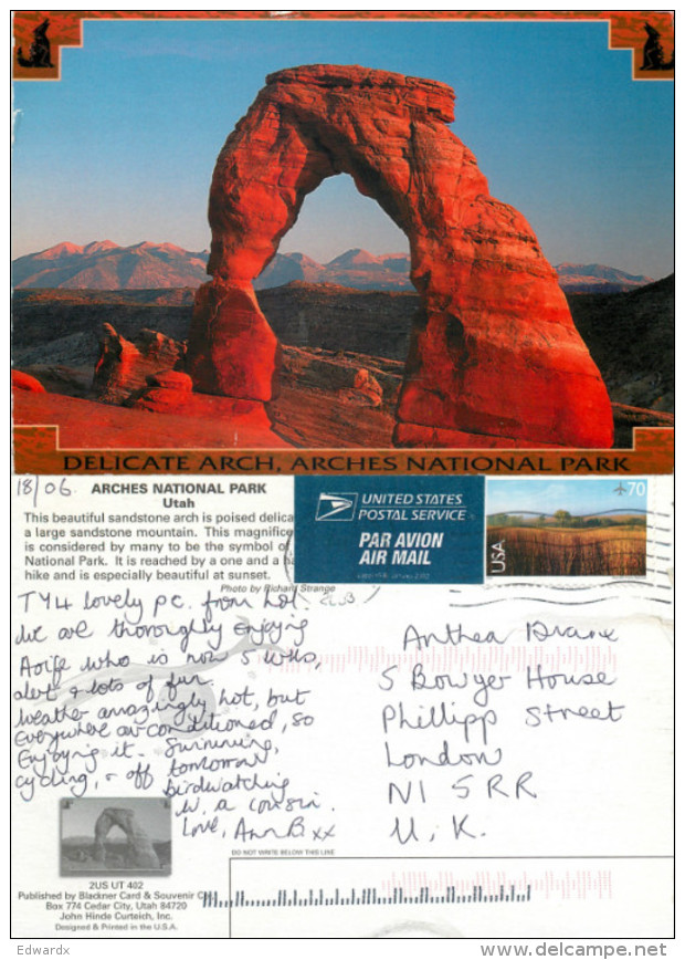 Delicate Arch, Arches National Park, Utah, United States US Postcard Posted 2003 Stamp - Autres & Non Classés