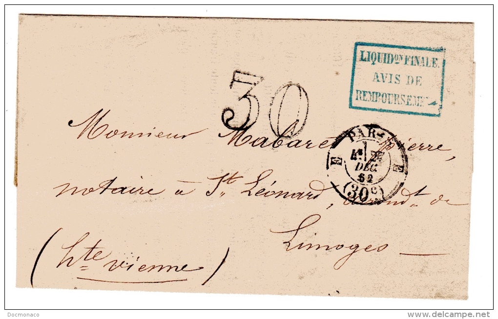 Paris Pour Limoges Cachet De Taxe 30 Bureau E Confirmé Par Une Taxe 30 Double Trait - 1849-1876: Classic Period