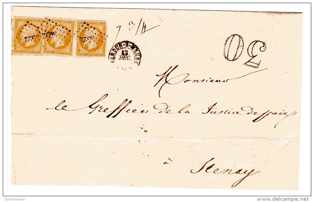 Verdun Sur Meuse Lettre Insuffisamment Affranchie (trois 10c N°13) - 1849-1876: Classic Period