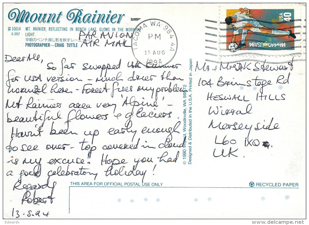 Mount Rainier NP, Washington, United States US Postcard Posted 1995 Stamp - Autres & Non Classés