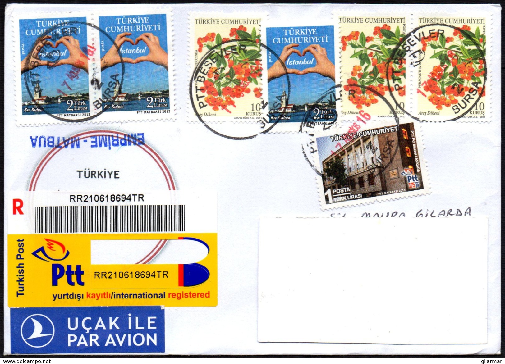 TURKEY 2016 - REGISTERED - TOURISM: ISTANBUL - FRUITS: SCARLET FIRETHORN - POSTAL BUILDINGS - Cartas & Documentos