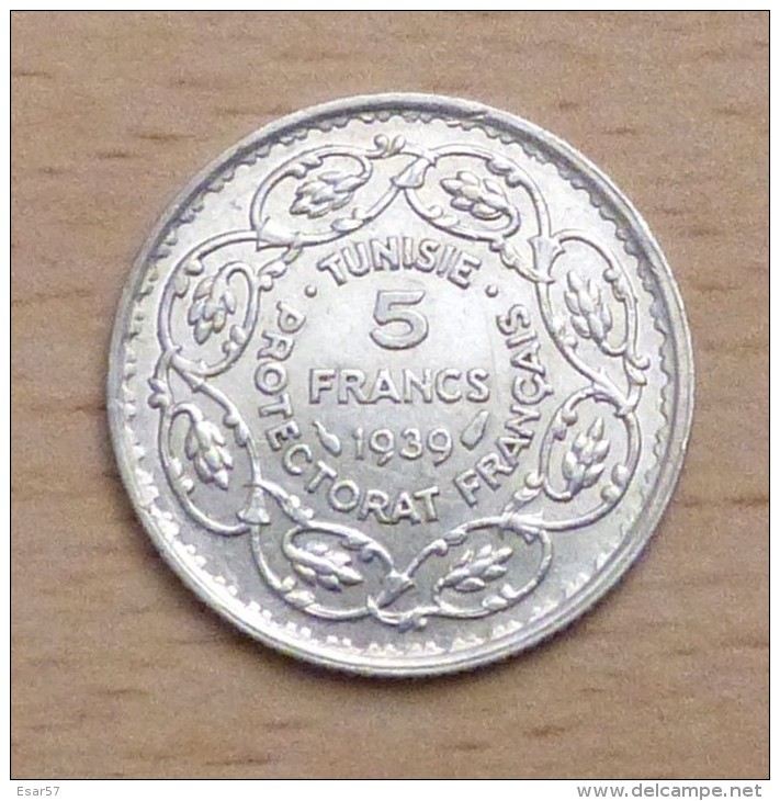 TUNISIE 5 FRANCS 1939 (AH 1358) EN ARGENT - Túnez