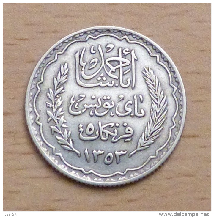 TUNISIE 5 FRANCS 1934 (AH 1353) EN ARGENT - Túnez