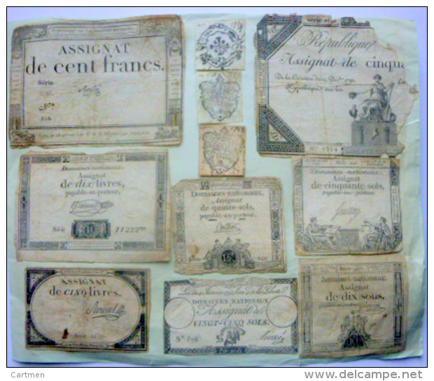 ASSIGNATS LOT DE 8 ASSIGNATS COLLES SUR UNE FEUILLE PLUS UN ASSIGNAT DE CENT FRANCS ISOLE - Assignats