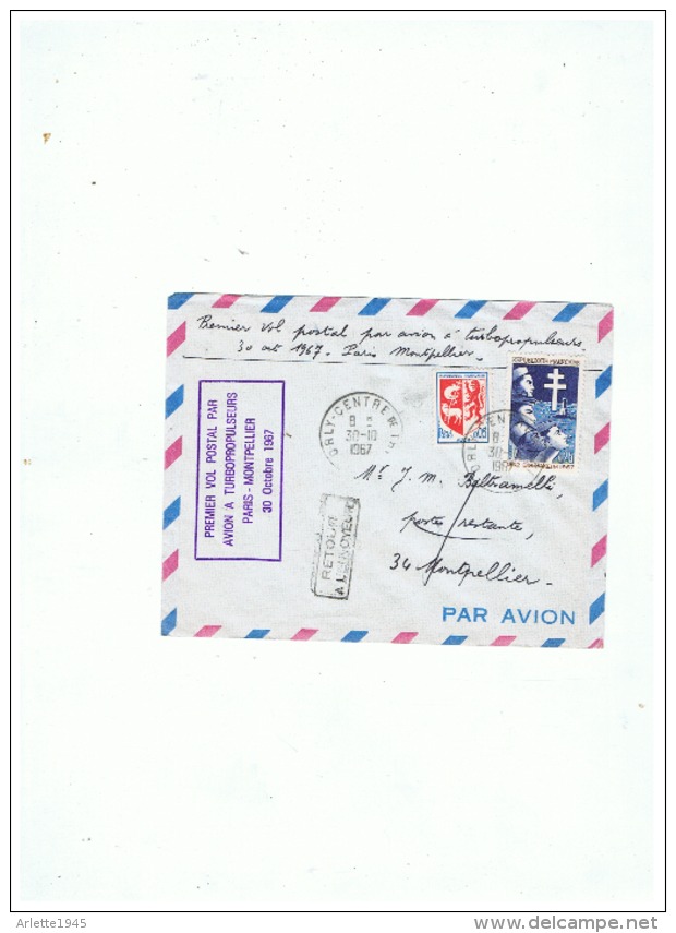 LETTRE PREMIER VOL POSTAL PAR AVION à TURBOPROPULSEURS PARIS MONTPELLIER 30 10 1967 - Other & Unclassified