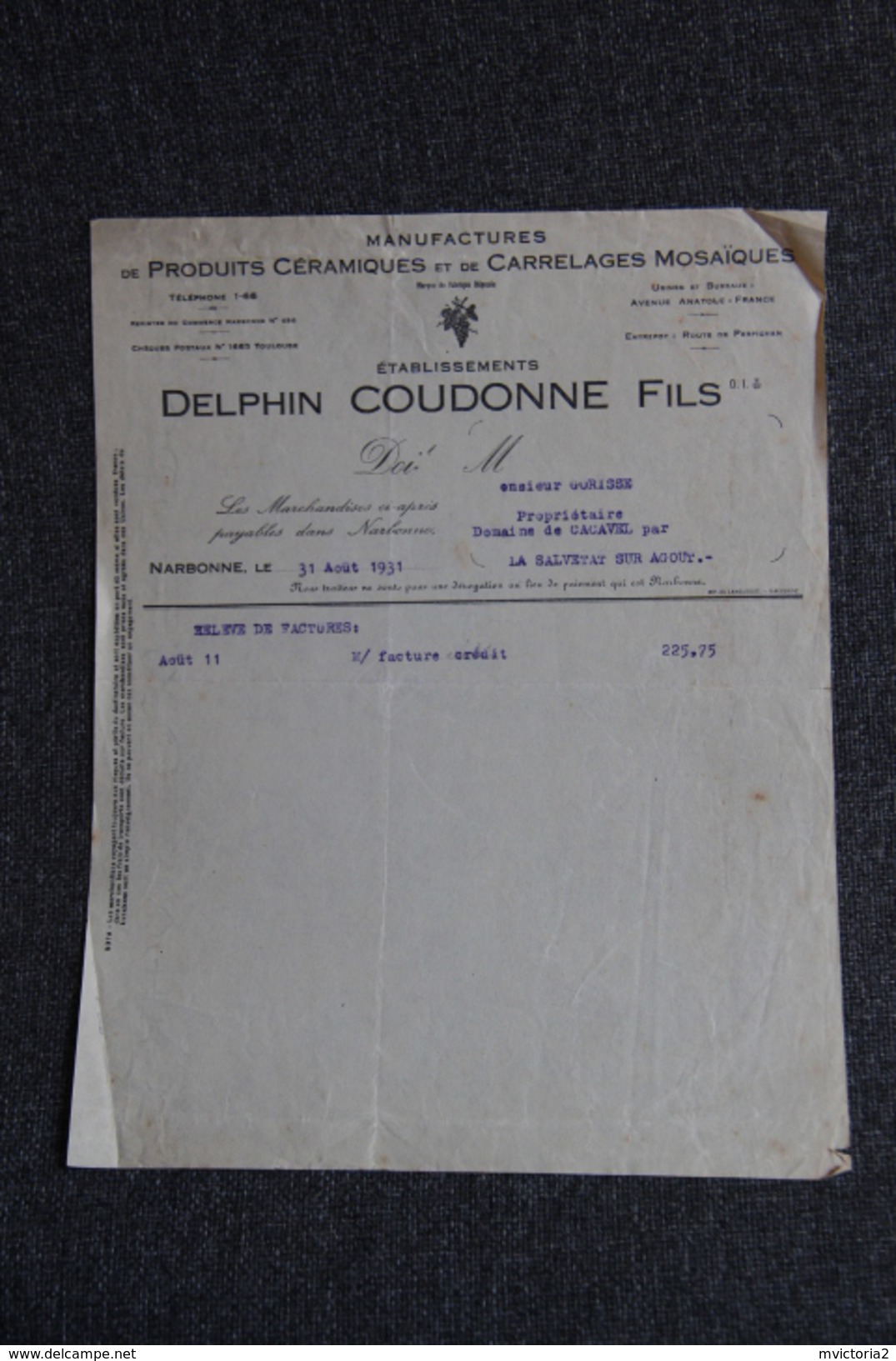 Facture Ancienne, NARBONNE, Etablissements DElphin COUDONNE Fils, Manufactures De Produits Céramiques Et Carrelages. - 1900 – 1949