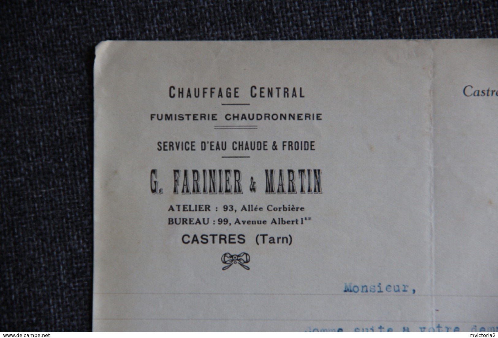 Facture Ancienne, CASTRES, G.FARINIER Et MARTIN, Chauffage Central, Fumisterie , Chaudronnerie. - 1900 – 1949