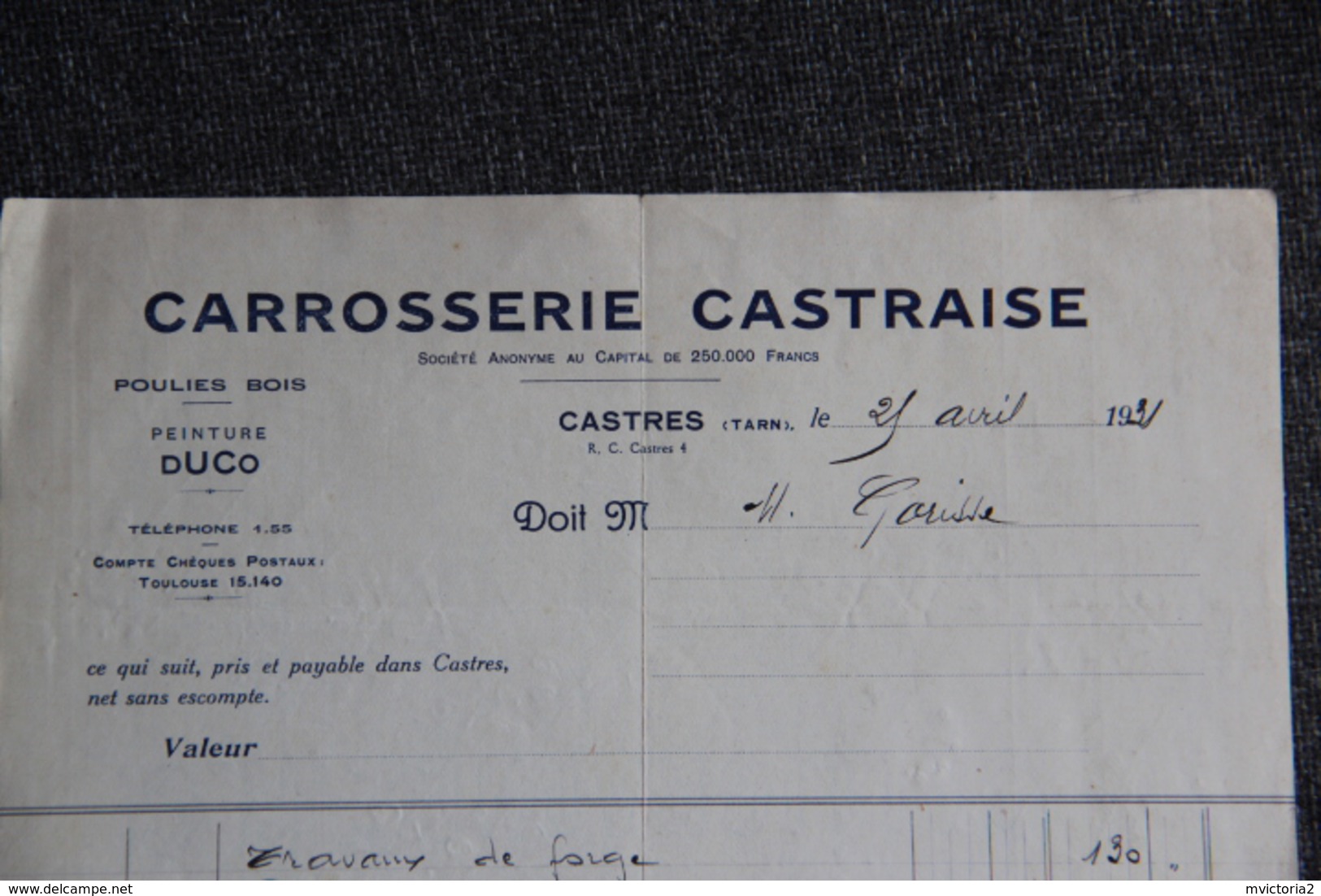 Facture Ancienne, CASTRES, CAROSSERIE CASTRAISE, Poulies Bois, Peinture DUCO - 1900 – 1949