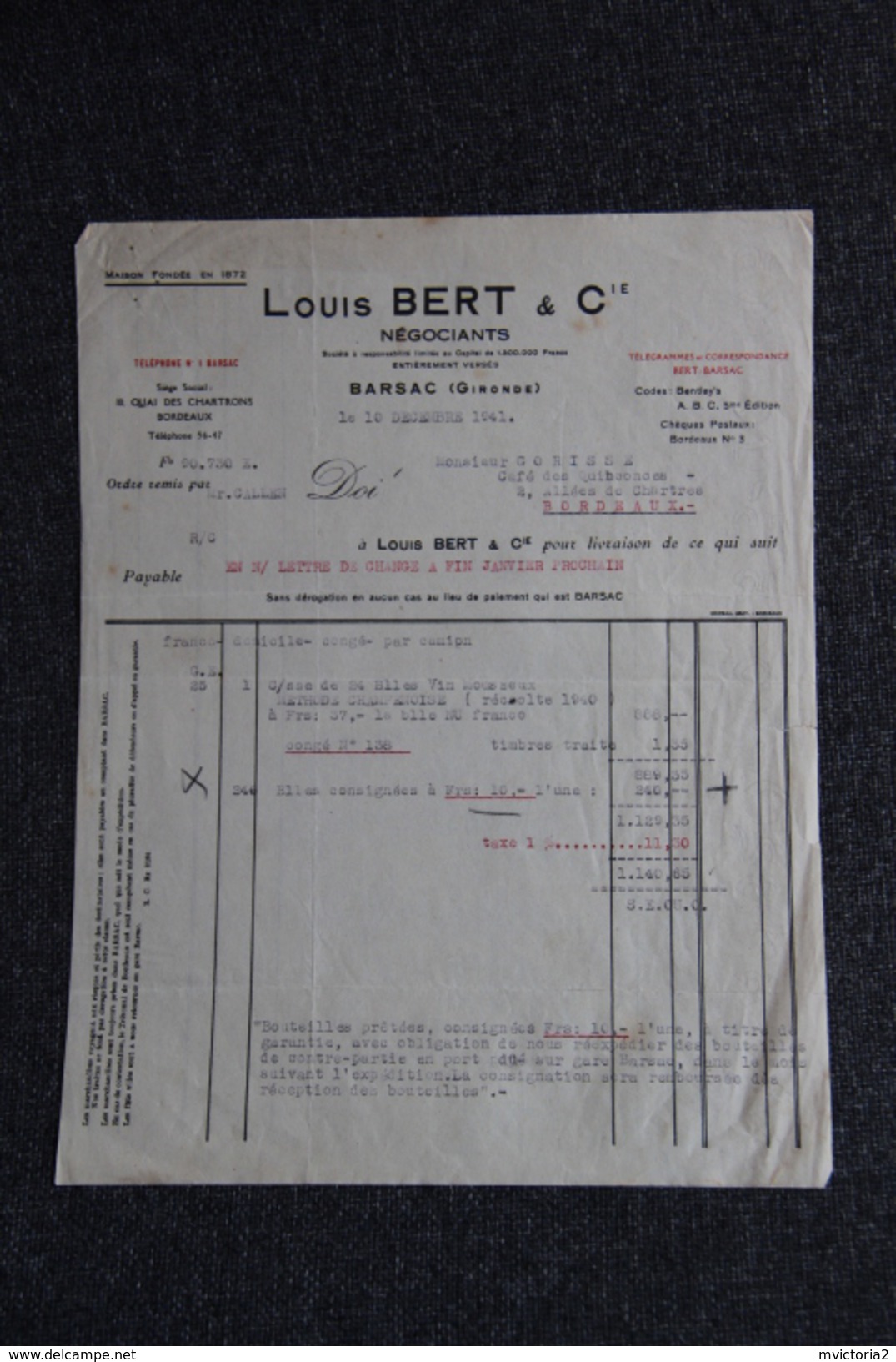 Facture Ancienne, BARSAC, LOUIS BERT, Négociant. - 1950 - ...