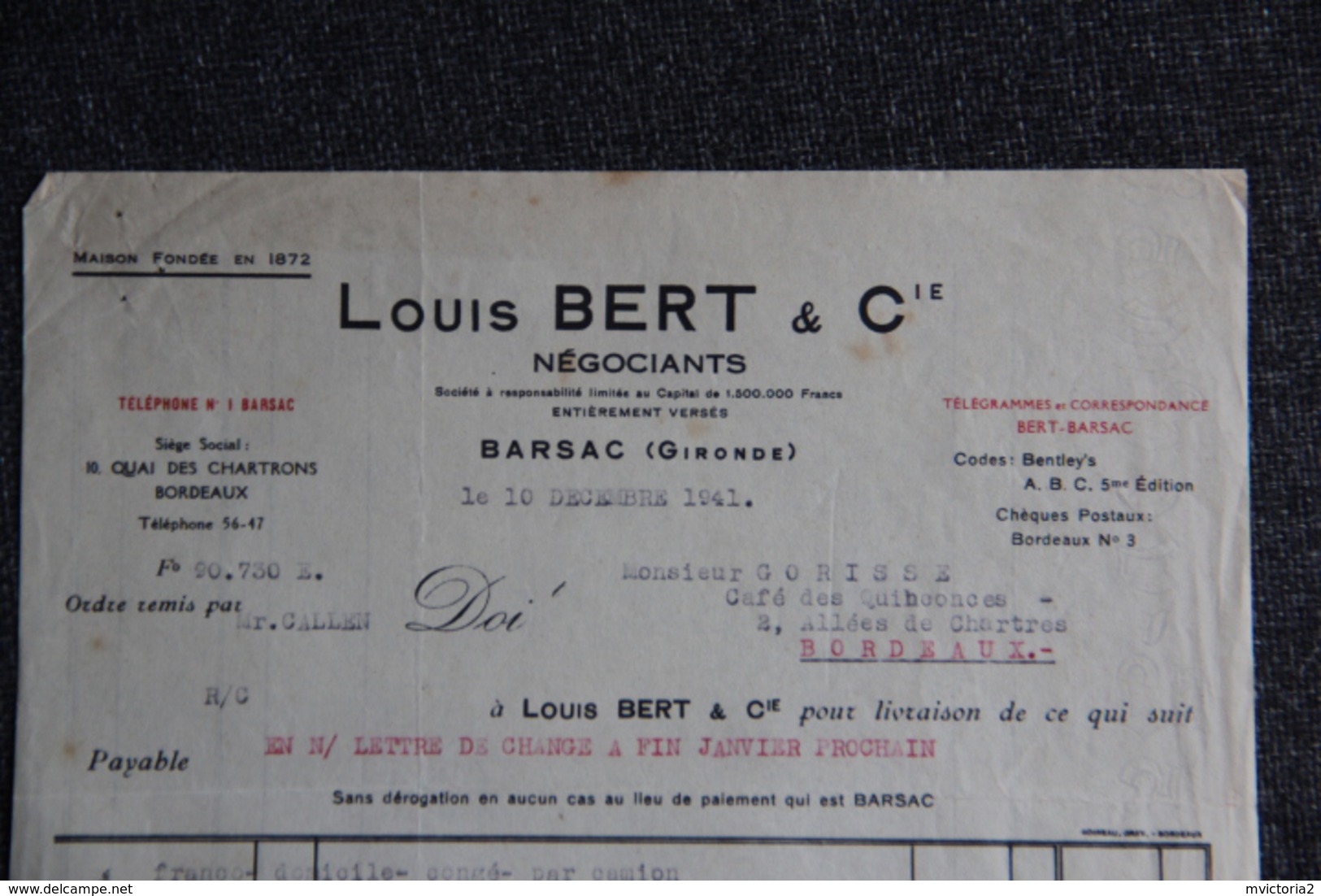 Facture Ancienne, BARSAC, LOUIS BERT, Négociant. - 1950 - ...