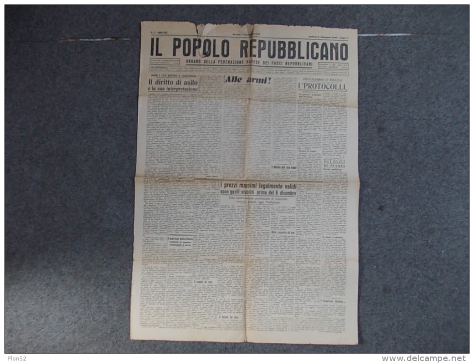 10666-GIORNALE-"IL POPOLO REPUBBLICANO"-PAVIA-NUMERO 31 - GENNAIO 1944 - Altri & Non Classificati