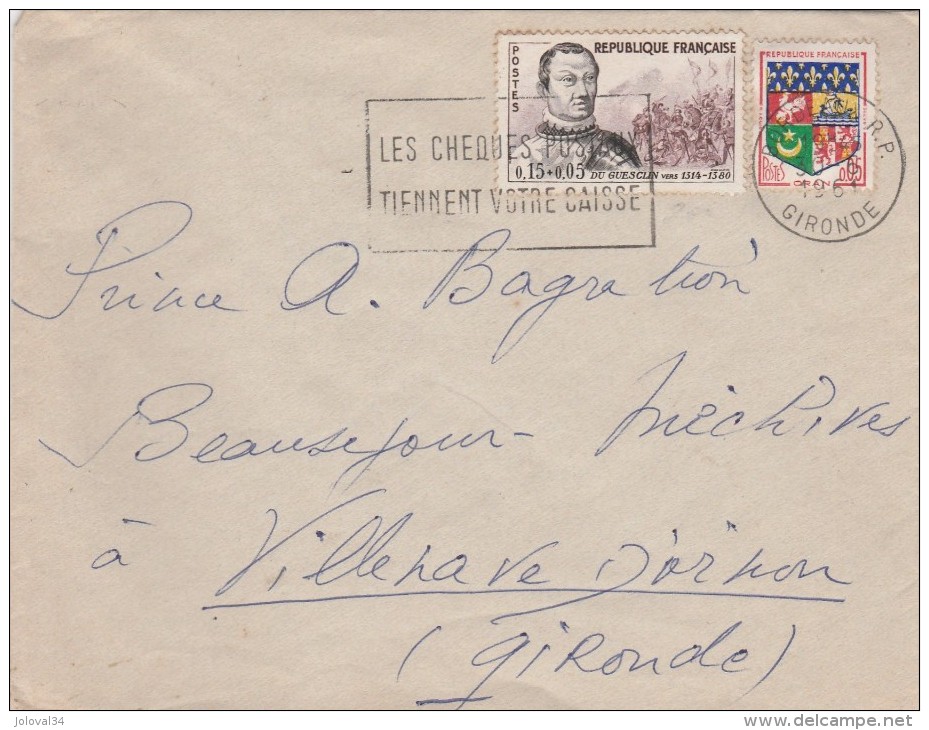 Yvert 1295 Du Guesclin + 1230A Oran Sur Lettre Flamme Bordeaux Gironde 30/6/1961 Pour Méchives - Lettres & Documents