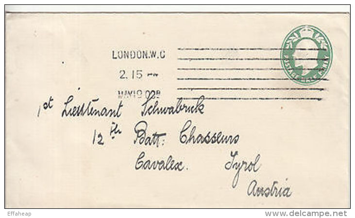 GB: EDVII Embossed Half-Penny Cover, London To Cavalese, Austria, 19-21 May 1909 - Covers & Documents