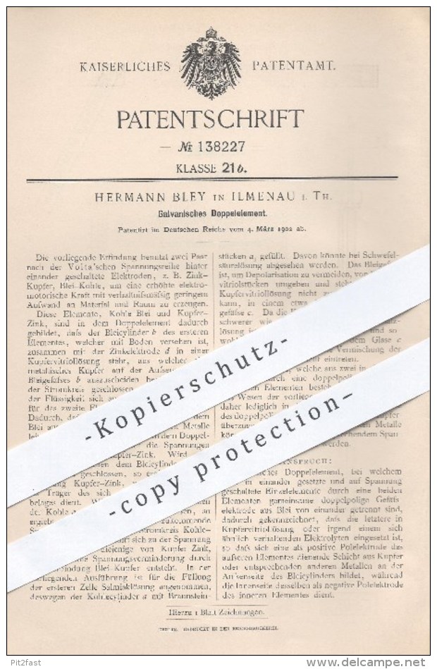 Original Patent - Hermann Bley , Ilmenau , 1902 , Galvanisches Doppelelement | Volt , Elektroden , Zink , Kupfer , Strom - Historische Dokumente